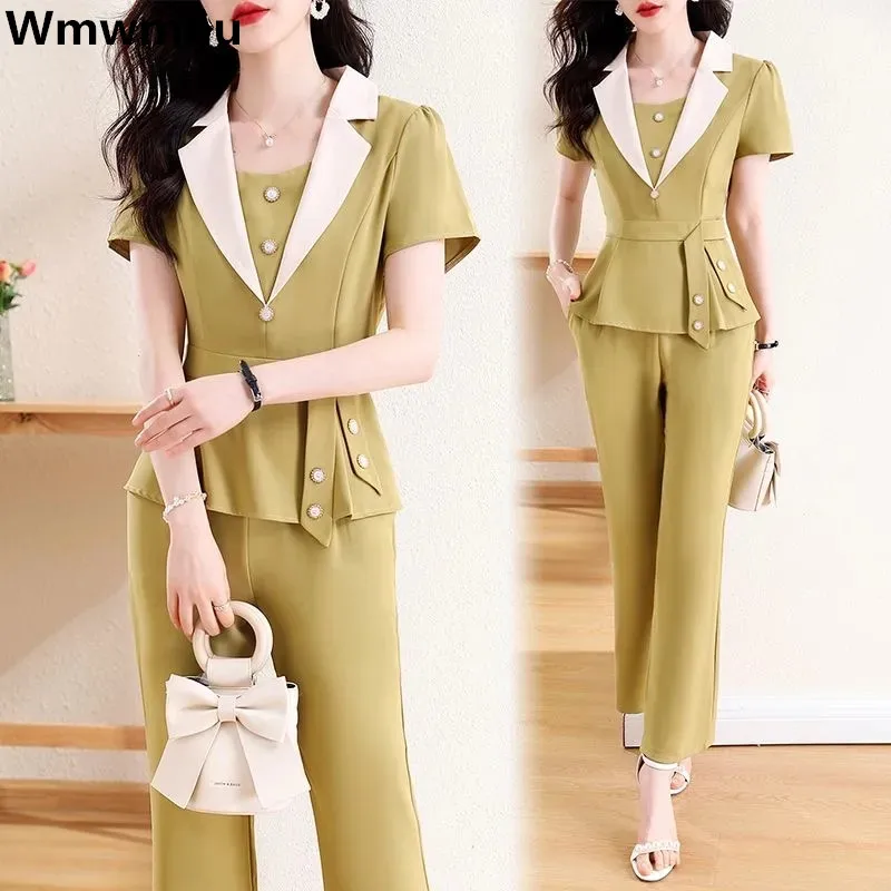 Korean Fashion Slim Short Sleeven 2 Piece Outfits Summer Vintage Top Ensembles High Waist Straight Pant Sets New Elegant Suit
Korean Fashion Slim Short Sleeven 2 Piece Outfits Summer Vintage Top Ensembles High Waist Straight Pant Sets New Elegant Suit
