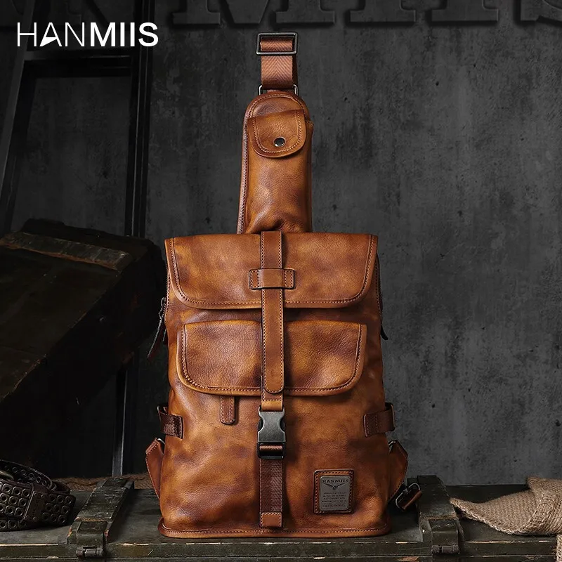 

Hanmiis First Layer Cowhide Messenger Bag B6 Paratrooper Military Bag Portable Chest Bag Genuine Leather New Retro Men's Bag Lei