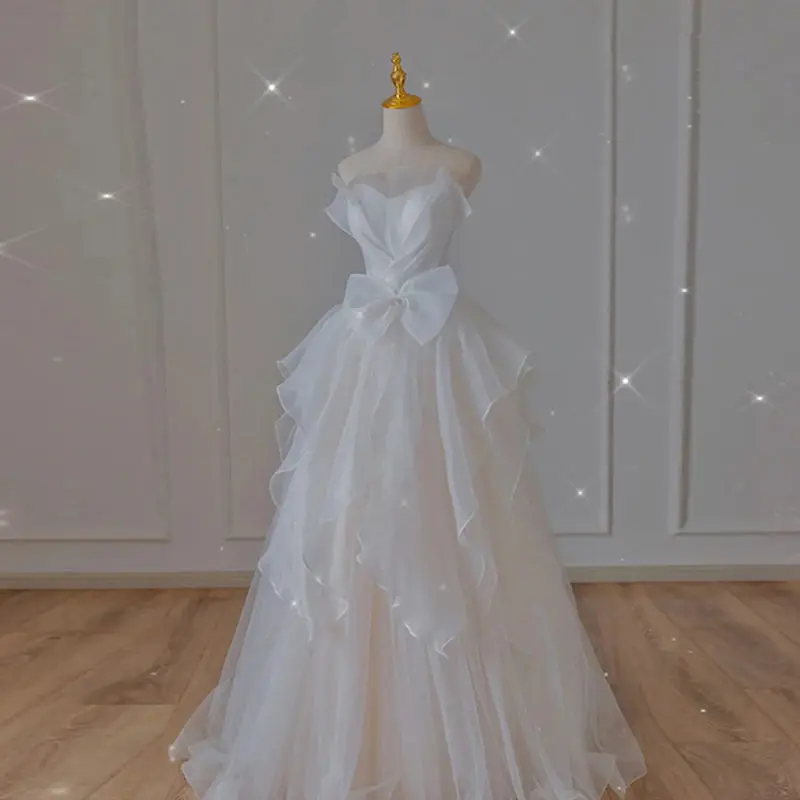 Женское вечернее платье-Ципао с бантом, белое ТРАПЕЦИЕВИДНОЕ банкетное платье с открытыми плечами, Сетчатое платье в стиле Ципао, французское платье оверсайз