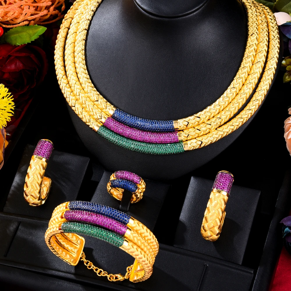 

Soramoore Gorgeous Shiny Bridal Necklace Bracelet Earrings Ring Jewelry set For Ladies Women Wedding African CZ Dubai Jewelry
