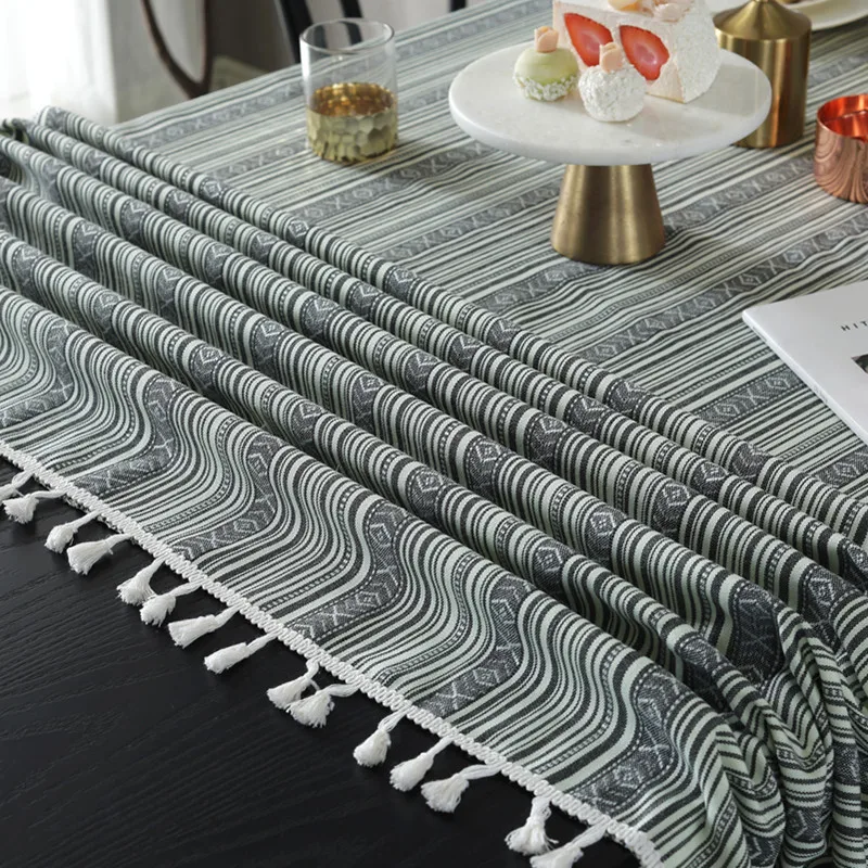 Linen and Cotton Yarn-dyed Striped Tablecloth With Tassel Ethnic Gray-green Rectangular Dining Table Cover Tea Table Cloth 
Linen and Cotton Yarn-dyed Striped Tablecloth With Tassel Ethnic Gray-green Rectangular Dining Table Cover Tea Table Cloth