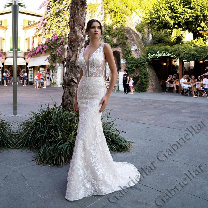 

Gabriellar Mermaid V-Neck Wedding Dress Tulle Buttons Exquisite Appliques Sleeveless Mopping Gown Vestido De Novia 2023 Women