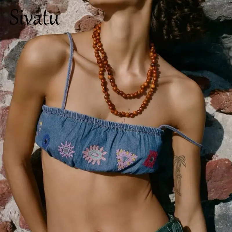 Женский топ на бретельках Sivatu Traf, летний корсет с вышивкой, футболки из денима в эстетике Y2k, укороченный топ 
Женский топ на бретельках Sivatu Traf, летний корсет с вышивкой, футболки из денима в эстетике Y2k, укороченный топ