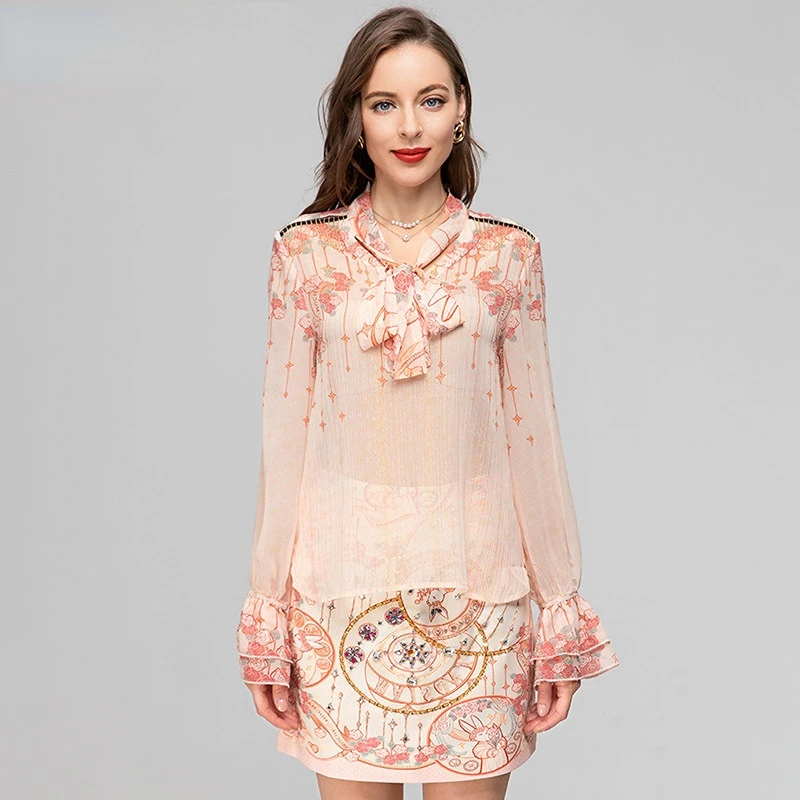 2023 Runway Luxury Designer High Quality Spring Women's Bow Collar Flared Long Sleeve Flower Printing Sweet Two Pieces Set
2023 Runway Luxury Designer High Quality Spring Women's Bow Collar Flared Long Sleeve Flower Printing Sweet Two Pieces Set