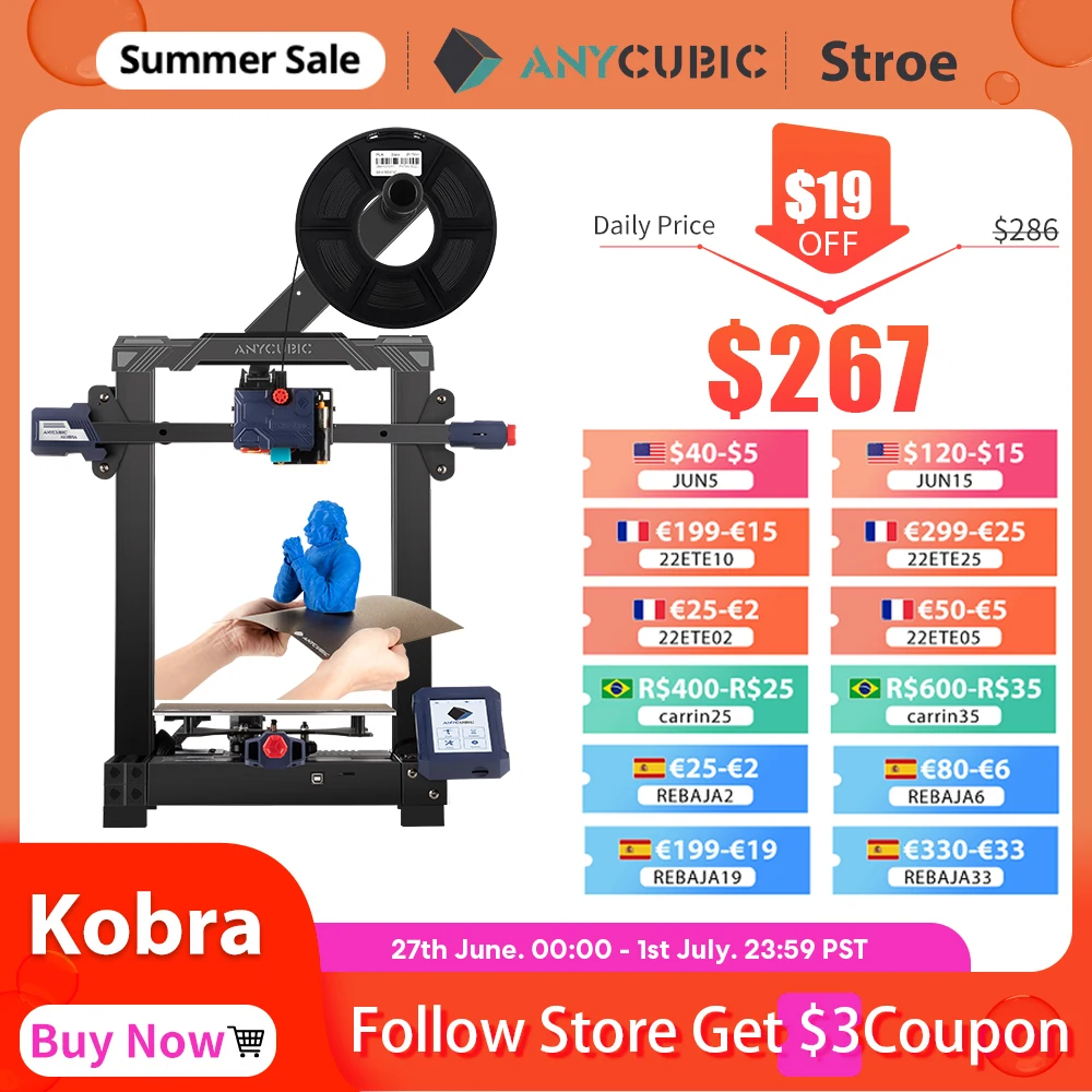 3D Printer ANYCUBIC Kobra Automatic Leveling Build Volume 220*220*250 Fast Printing FDM 3d Printer with Spring Steel Heated bed
3D Printer ANYCUBIC Kobra Automatic Leveling Build Volume 220*220*250 Fast Printing FDM 3d Printer with Spring Steel Heated bed