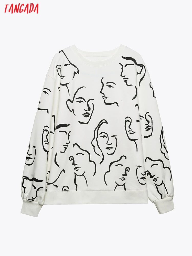 

Tangada Women Fashion Charater Print White Cotton Sweatshirts Oversize Long Sleeve O Neck Loose Pullovers Female Tops 6H35