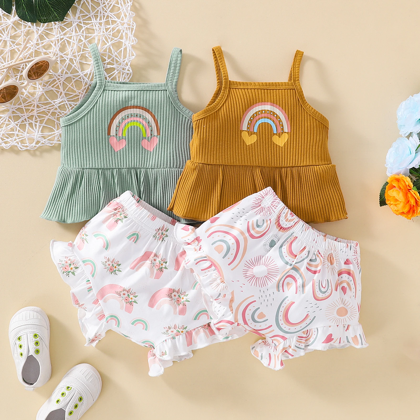 Lovely Baby Girl Shorts Set, Rainbow Ribbed Square Neck Sleeveless Pleated Hem Camisole Elastic Waist Short Pants
Lovely Baby Girl Shorts Set, Rainbow Ribbed Square Neck Sleeveless Pleated Hem Camisole Elastic Waist Short Pants