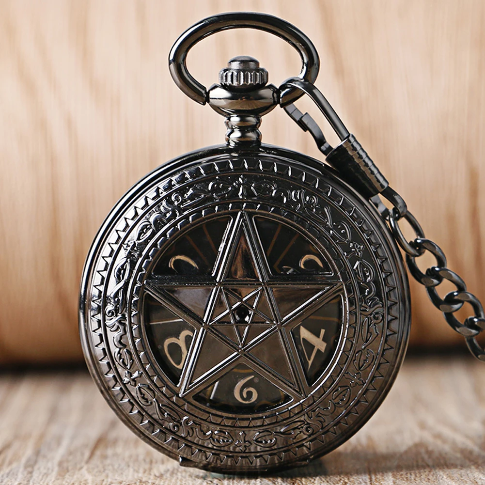 

Pentagram Openwork Case Mechanical Pocket Watch Classic Black Pocket Watch Manual Mechanical Arabic Numerals Dial Pendant Clocks