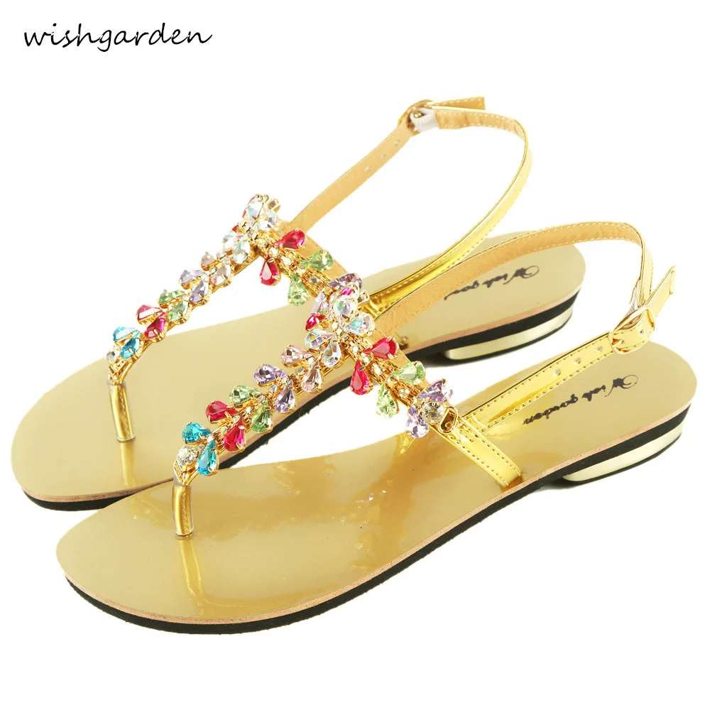 

2023 Women Summer Bohemia Diamond Sandals Low Heel Beach Shining Crystal T-strap Thong Shoes Lady Flip Flops Slippers Plus Size
