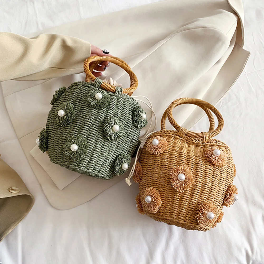 Female Handmade Straw Woven Portable Bag Ladies Pearl Flower Braids Bucket Bag Woven Purse for Travel Shopping 
Female Handmade Straw Woven Portable Bag Ladies Pearl Flower Braids Bucket Bag Woven Purse for Travel Shopping