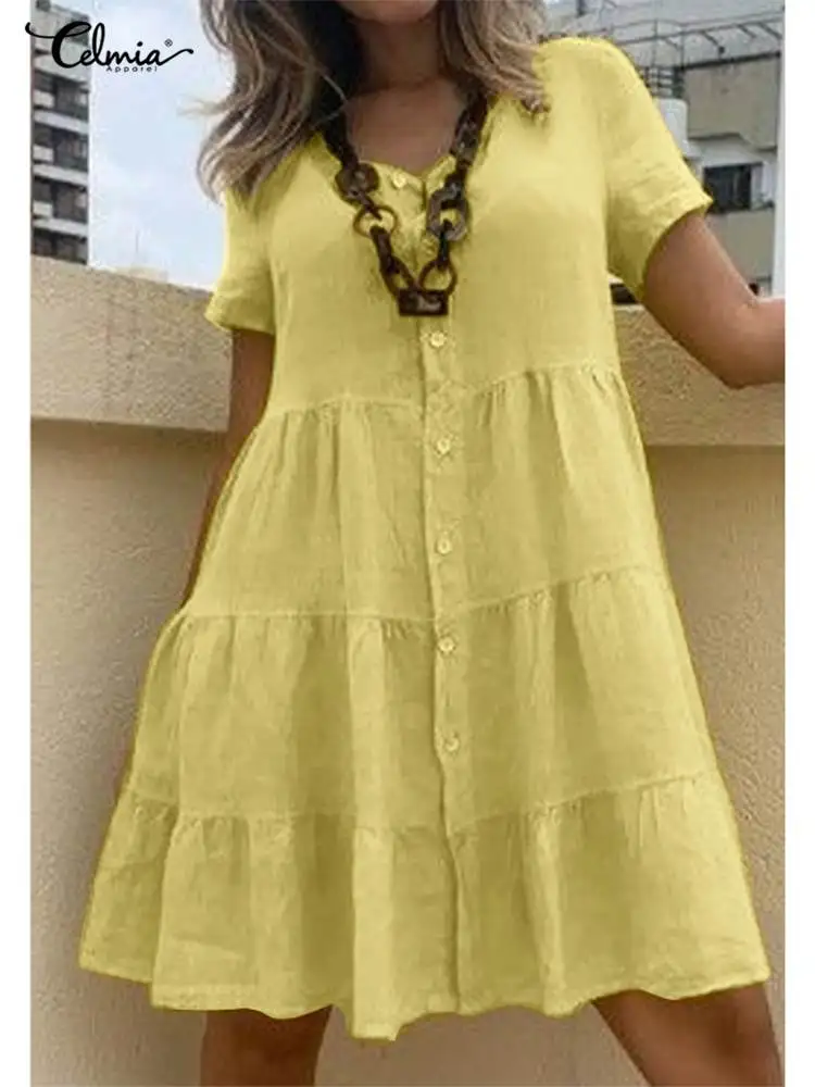 Celmia Holiday A Line Sundress Cotton Linen Pleated V Neck Elegant Mini Dress 2022 Summer Short Sleeve Women Casual Vestidos 
Celmia Holiday A Line Sundress Cotton Linen Pleated V Neck Elegant Mini Dress 2022 Summer Short Sleeve Women Casual Vestidos