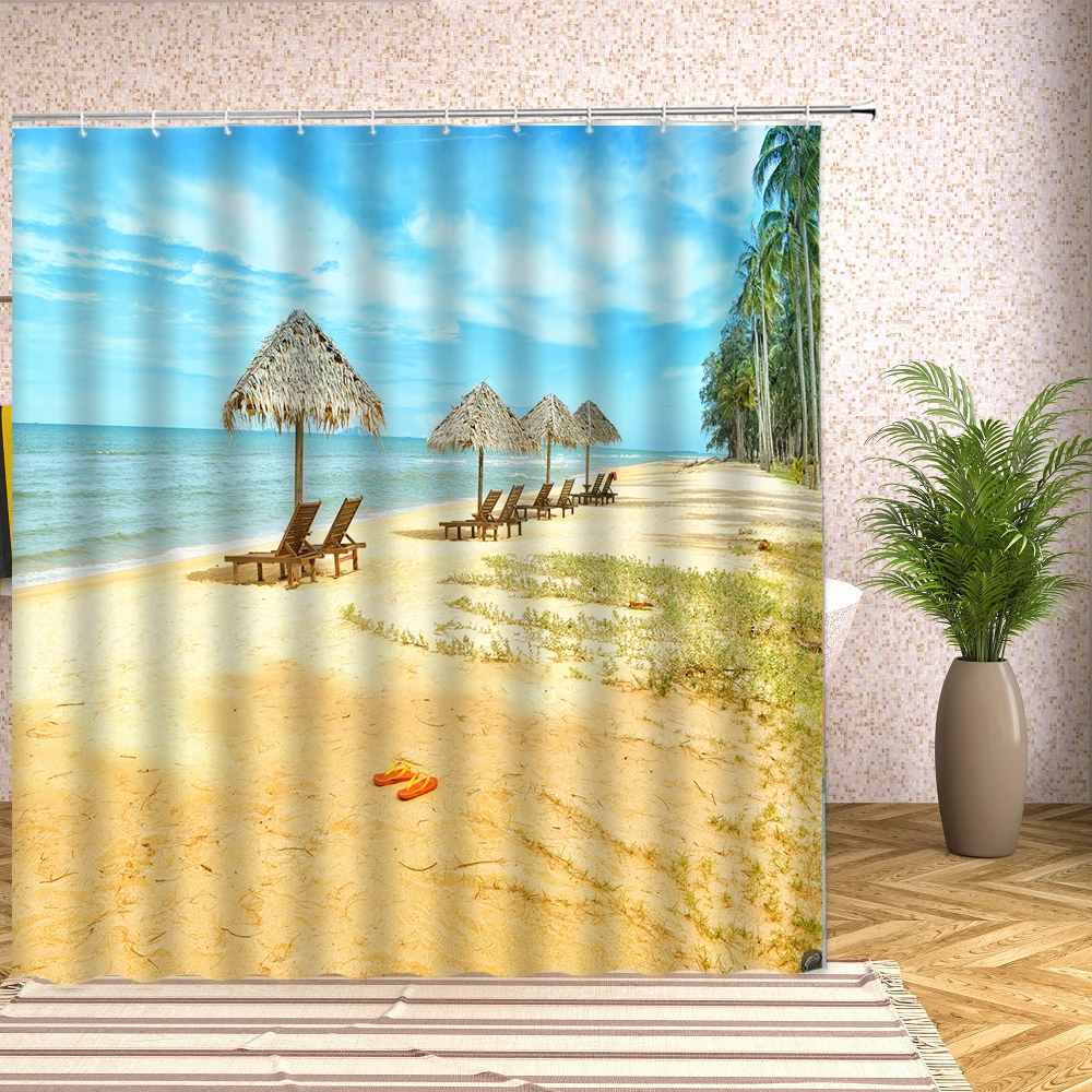 

Beach Coconut Trees Ocean Shower Curtains Seaside Dusk Waves Plant Scape Waterproof Bathroom Accessories Bath Curtain with Hooks