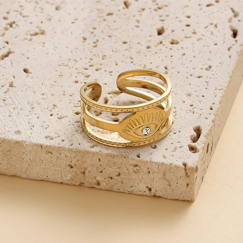 Vintage Diamond Inlay Demon Eyes Stainless Steel Plated Gold Rings for Women Adjustable Opening Bohemia Classic Fashion Jewelry 
Vintage Diamond Inlay Demon Eyes Stainless Steel Plated Gold Rings for Women Adjustable Opening Bohemia Classic Fashion Jewelry