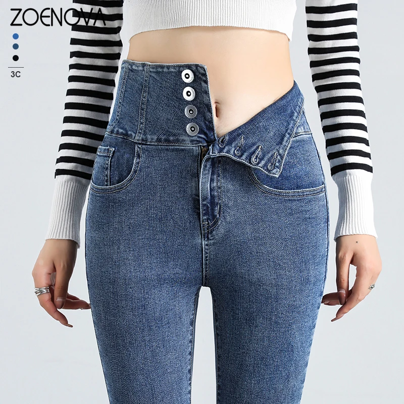 

ZOENOVA Vintage Skinny Four Buttons Pencil Jeans Women High Waist Slim Fit Stretch Denim Pants Full Length Denim Tight Trousers