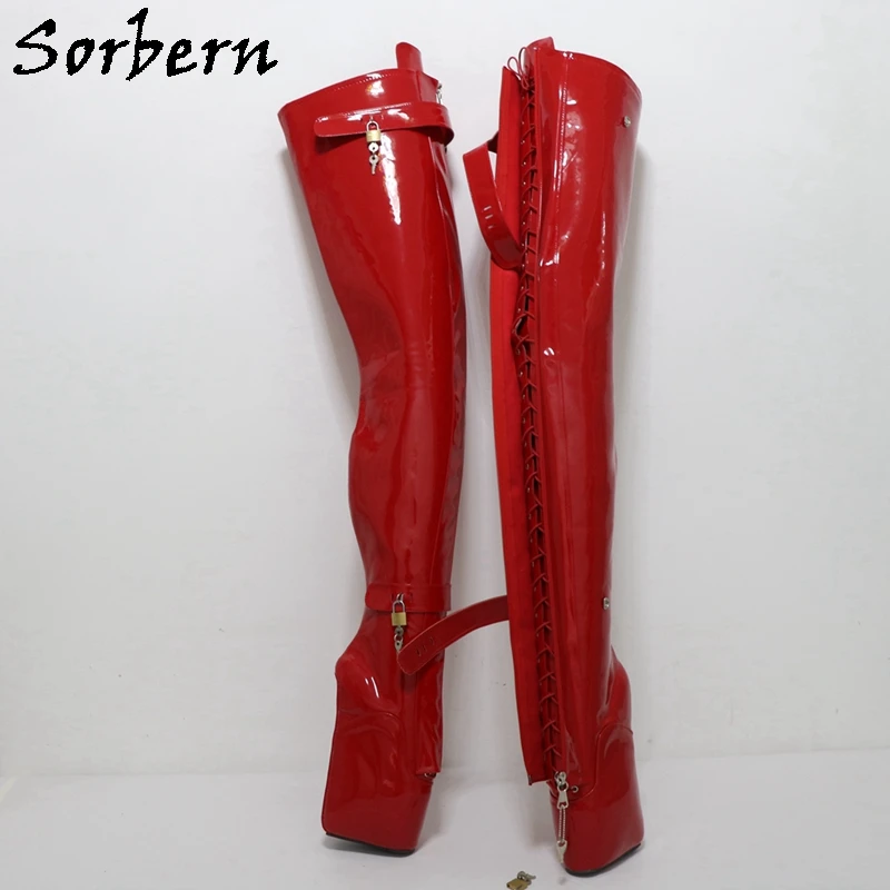 

Sorbern Custom Wide Crotch Thigh High Boots Women Over The Knee Lockable Zipper Lace Up 4 Locks Fetish Ballet Wedge Shoe Size 11