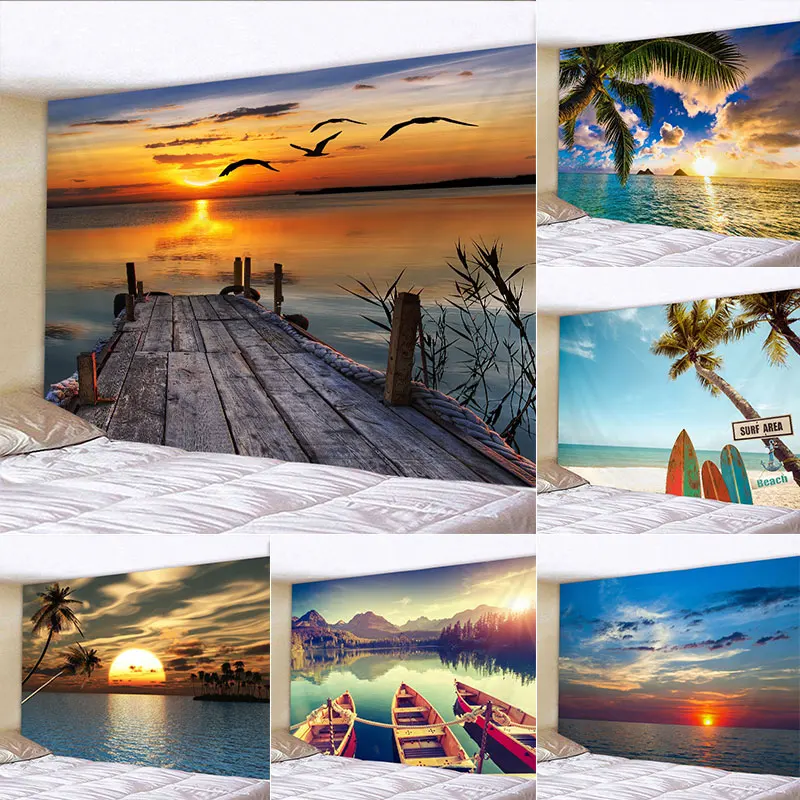 

Bedroom Beautiful Landscape Sunset Ocean Waves Lake Wall Hanging Background Ceiling Home Decor Sunset Bird Tapestry