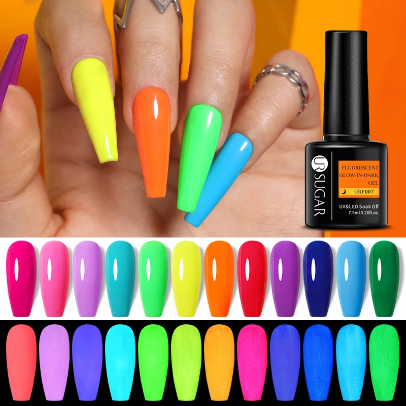 UR SUGAR 7.5ml Yellow Neon Luminous Gel Nail Polish Fluorescent Green Orange Glow In Dark UV LED Semi Permanent Soak Of |