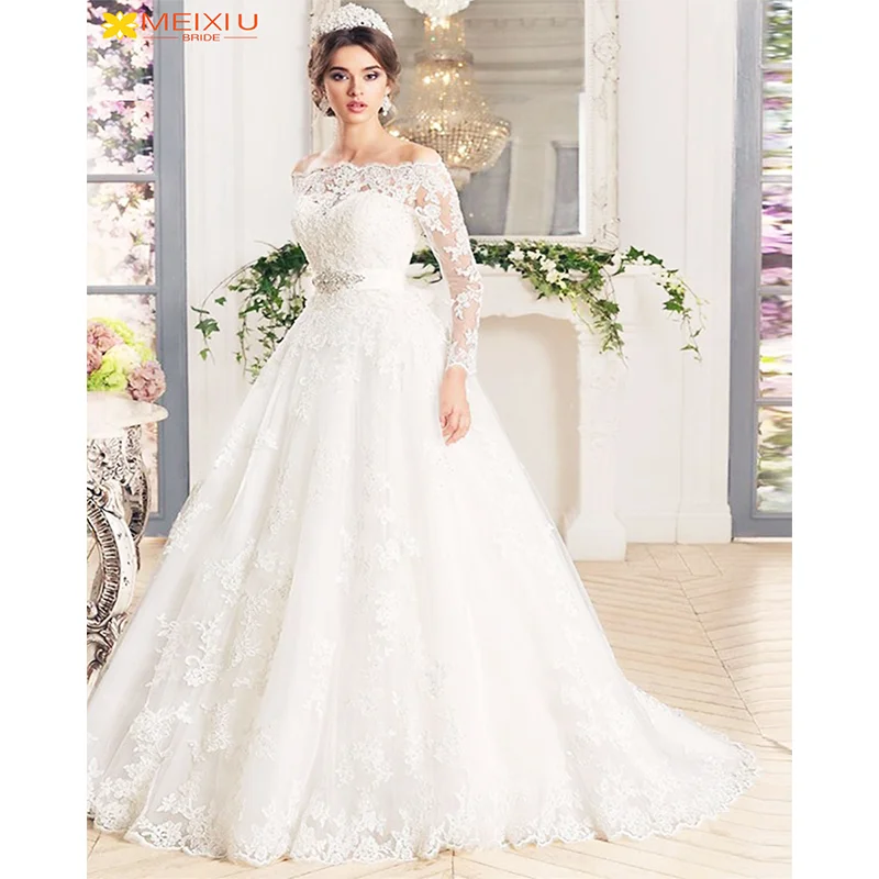 Dream Applique Long Sleeve One Line Shoulder Top Chest Custom Wedding Dress Luxury Exquisite Beaded Belt Charming Bridal Gowns
Dream Applique Long Sleeve One Line Shoulder Top Chest Custom Wedding Dress Luxury Exquisite Beaded Belt Charming Bridal Gowns
