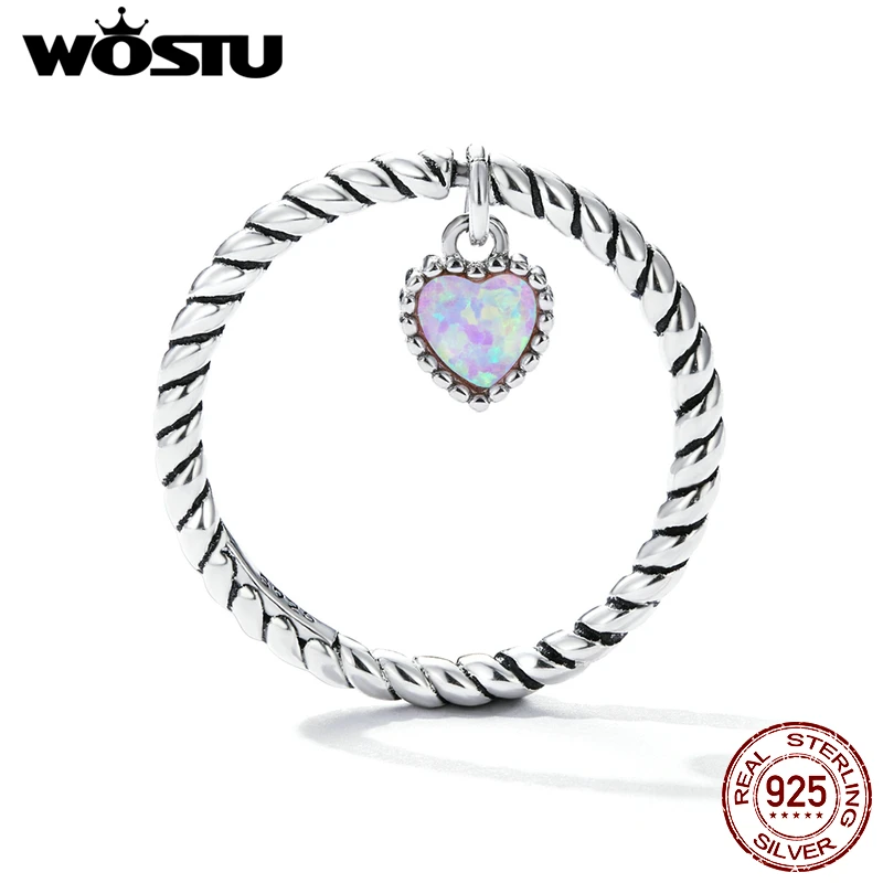 

WOSTU 925 Sterling Sliver Vintage Style Love Heart Sweet Pink Opal Ring For Women Twist Ring MOther's Day Fine Jewelry Gift R807