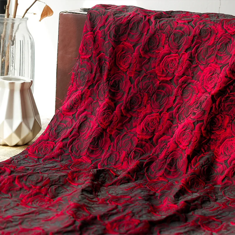 

Embossed Dark Red 3D Rose Jacquard Yarn Dyed Fabric for Women's Dress Suit Bag Diy Sewing 50cmx165cm