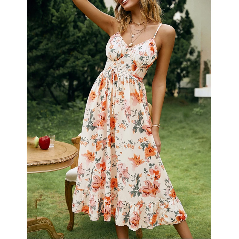 Summer Boho Floral Printing Midi Dress with Ruffles Hem Ladies V Neck Tie-up High Waist Backless Sling Dresses for Beach Holiday 
Summer Boho Floral Printing Midi Dress with Ruffles Hem Ladies V Neck Tie-up High Waist Backless Sling Dresses for Beach Holiday