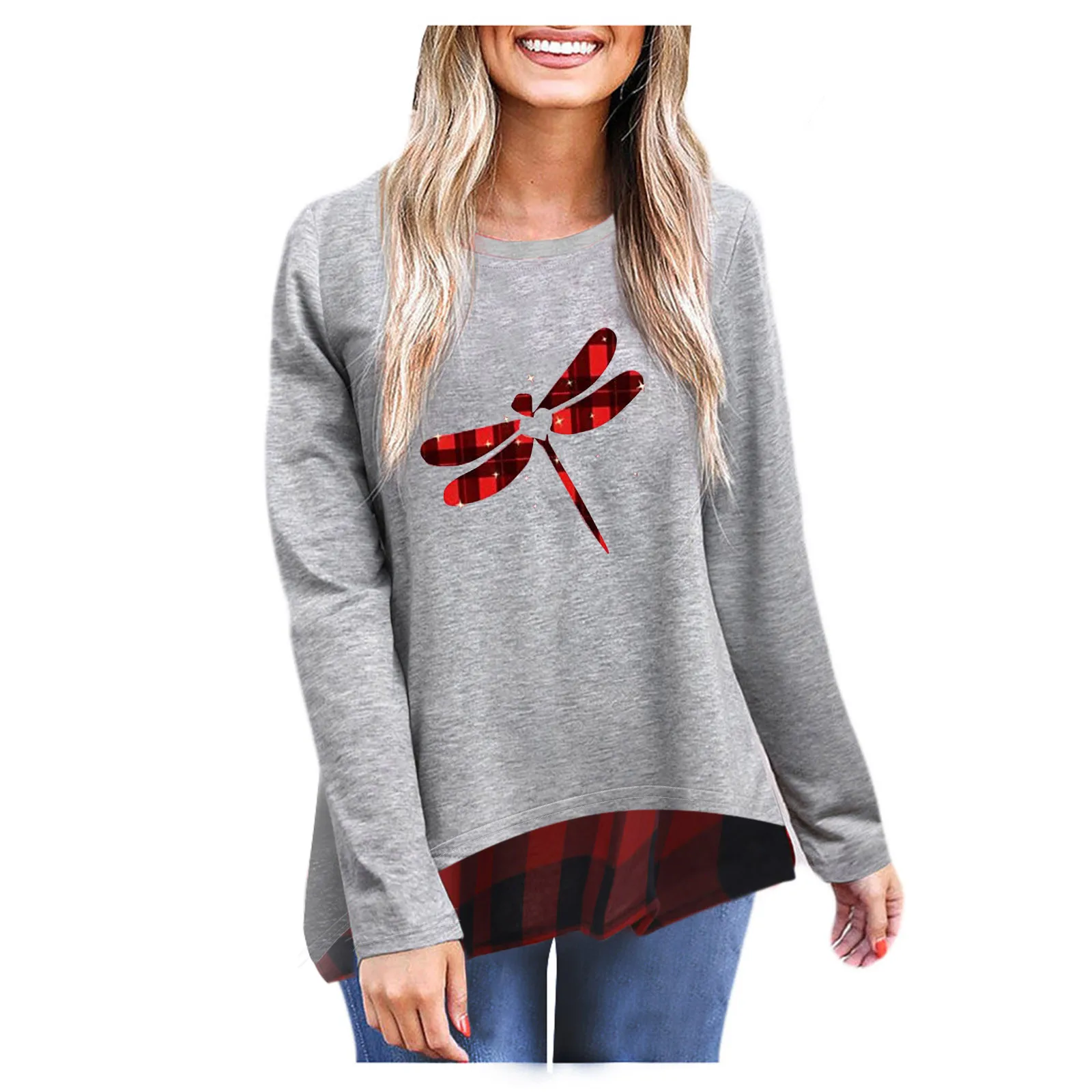 Women's Fashion O-Neck Printed Solid Color Plaid Hem Long Sleeve Blouse Top Active Tees Women Quarter Sleeve
Women's Fashion O-Neck Printed Solid Color Plaid Hem Long Sleeve Blouse Top Active Tees Women Quarter Sleeve