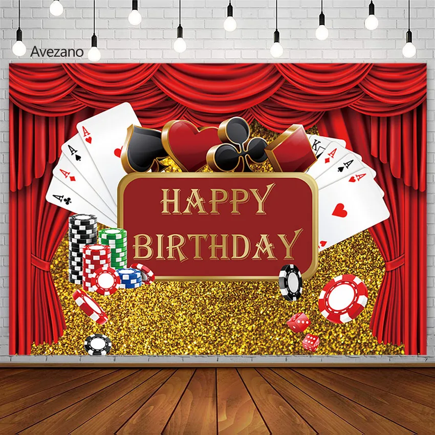 

Avezano Happy Birthday Photography Background Gamble Red Curtain Poker Golden Party Decor Backdrop Banner Photo Studio Photozone