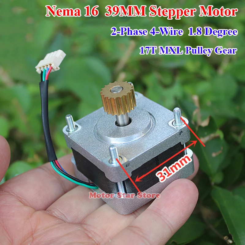 1.8 Degree NEMA16 39MM Stepper Motor 2-phase 4-wire Stepping Motor 5mm shaft 17 Teeth MXL Pulley Wheel for 3D Printer CNC Robot
1.8 Degree NEMA16 39MM Stepper Motor 2-phase 4-wire Stepping Motor 5mm shaft 17 Teeth MXL Pulley Wheel for 3D Printer CNC Robot
