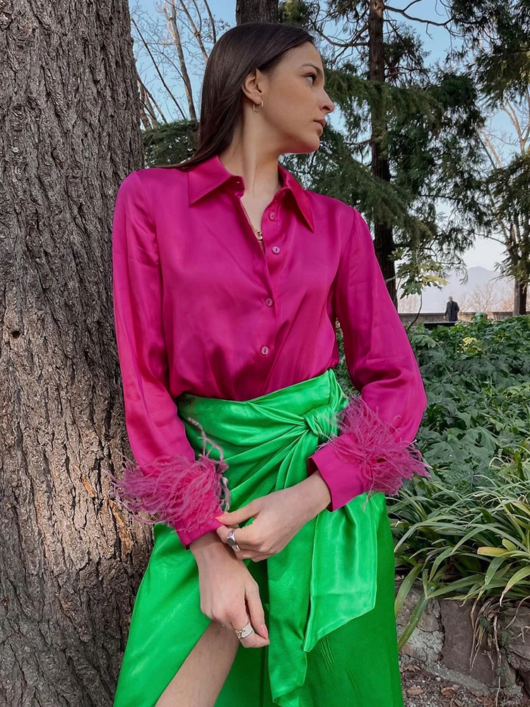 Mnealways18 Feather Cuffs Elegant Women Feather Shirts Rose Pink Oversized Blouses And Tops Splicing Spring Satin Office Ladies
Mnealways18 Feather Cuffs Elegant Women Feather Shirts Rose Pink Oversized Blouses And Tops Splicing Spring Satin Office Ladies