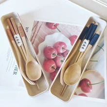 Wooden Tableware Suit Japanese Creative Thread Winding Spoon Fork Chopsticks Storage Box Set Portable Log Solid Color Dinnerware