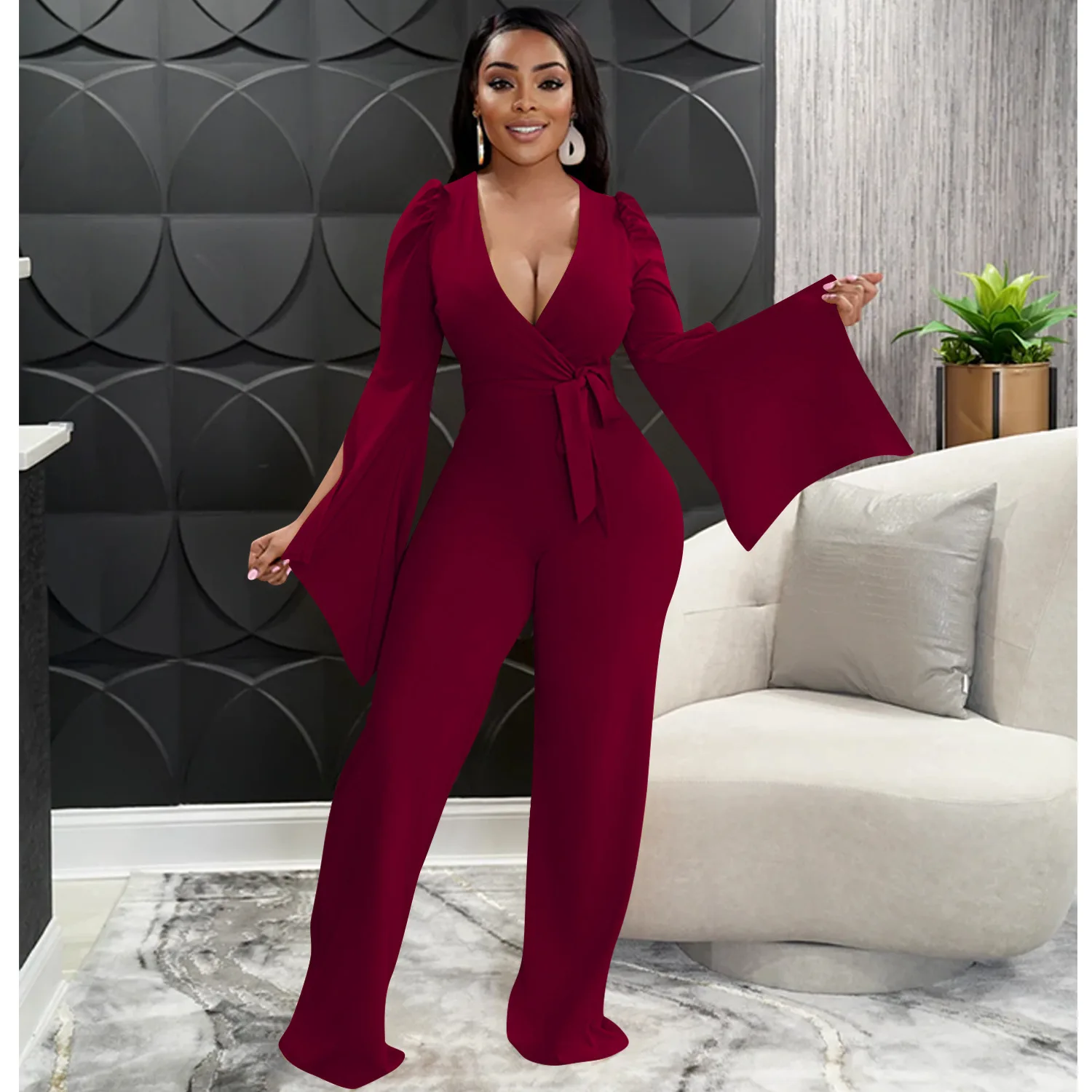 Women's Jumpsuit New Fashion Solid Color Sexy Deep V Bandage Wrinkled Wide Sleeve Pants Jumpsuit Stylish Women's Clothing
Women's Jumpsuit New Fashion Solid Color Sexy Deep V Bandage Wrinkled Wide Sleeve Pants Jumpsuit Stylish Women's Clothing