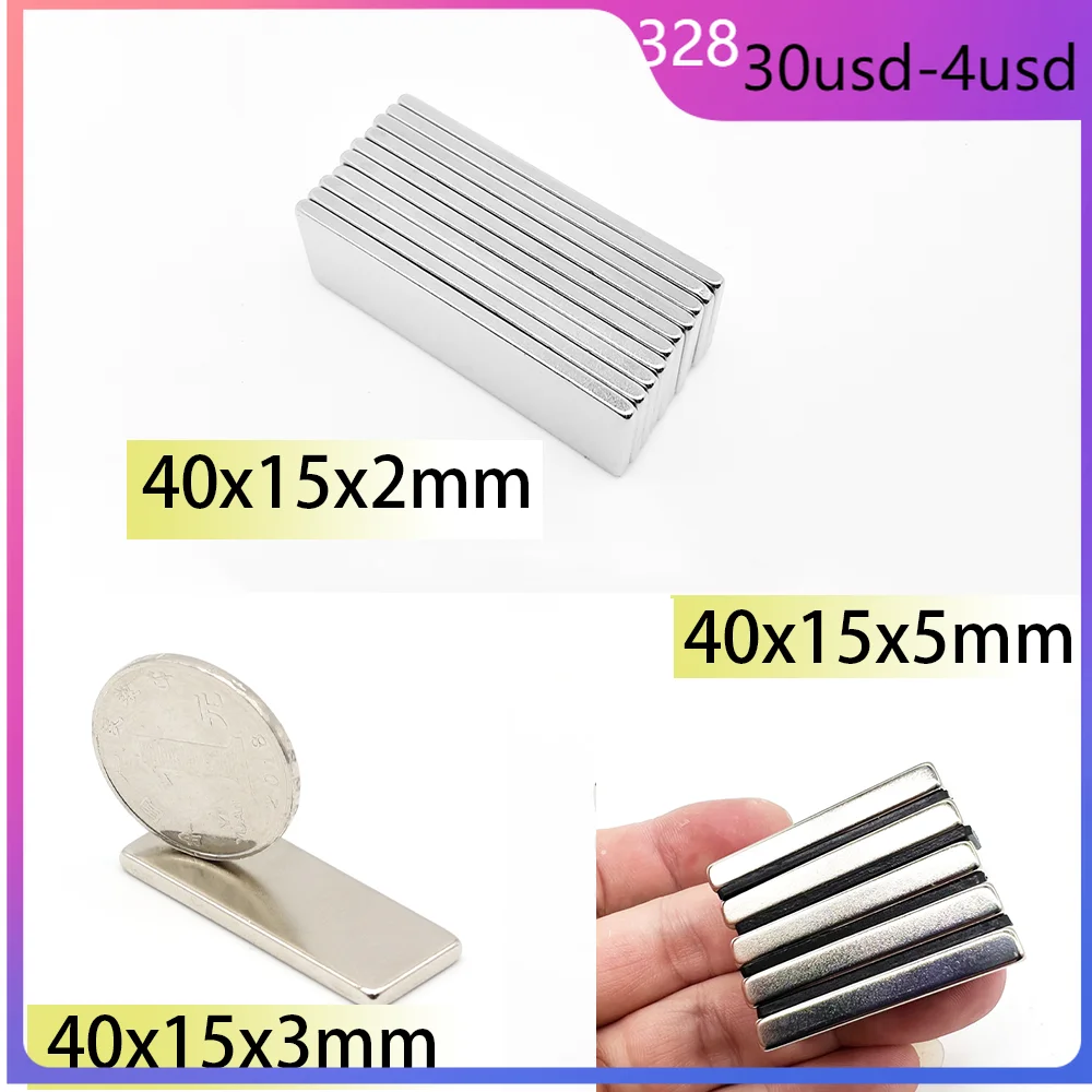 

20/30pcs 40x15x2mm 40x15x3 40x15x5 Rectangle 40x15 Square Neodymium Bar Block Strong Magnets Magnets Search Magnetic Bar Ndfeb