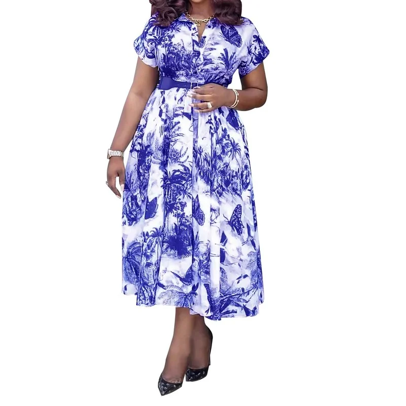 2022 Summer Fashion African Women Short Sleeve V-neck Printing Polyester Knee-length Dress African Dresses for Women With Belt
2022 Summer Fashion African Women Short Sleeve V-neck Printing Polyester Knee-length Dress African Dresses for Women With Belt