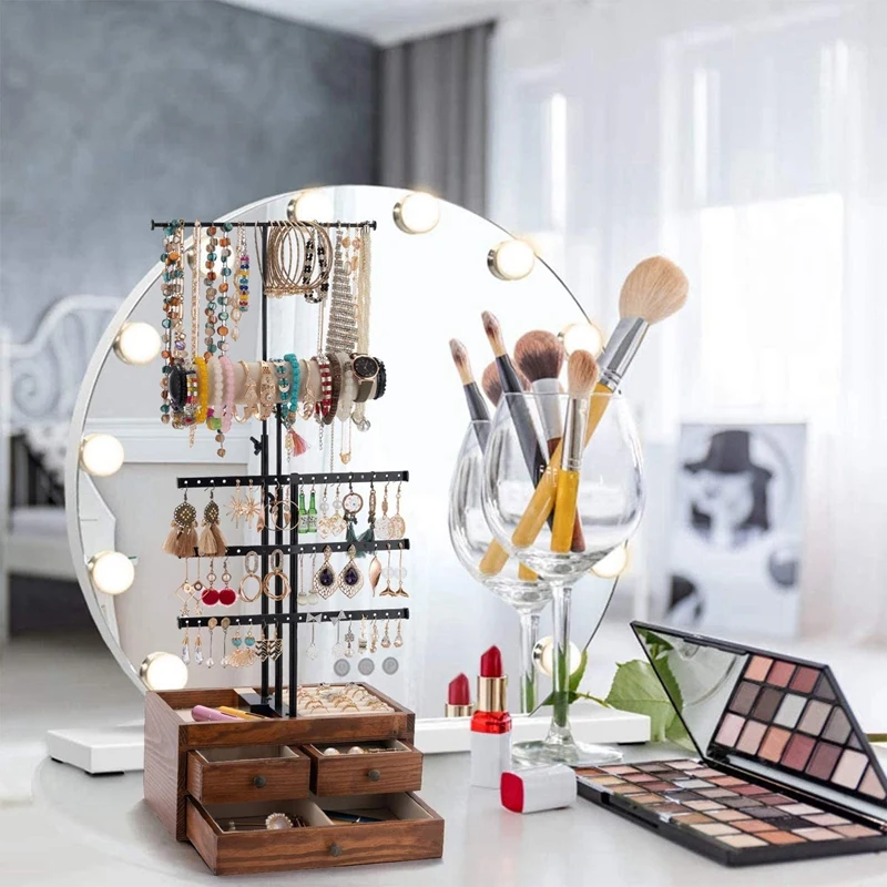 Деревянная подставка для ювелирных изделий, держатель для ожерелий, серег, браслетов, с большой подставкой, 5 уровней, регулировка высоты
Деревянная подставка для ювелирных изделий, держатель для ожерелий, серег, браслетов, с большой подставкой, 5 уровней, регулировка высоты