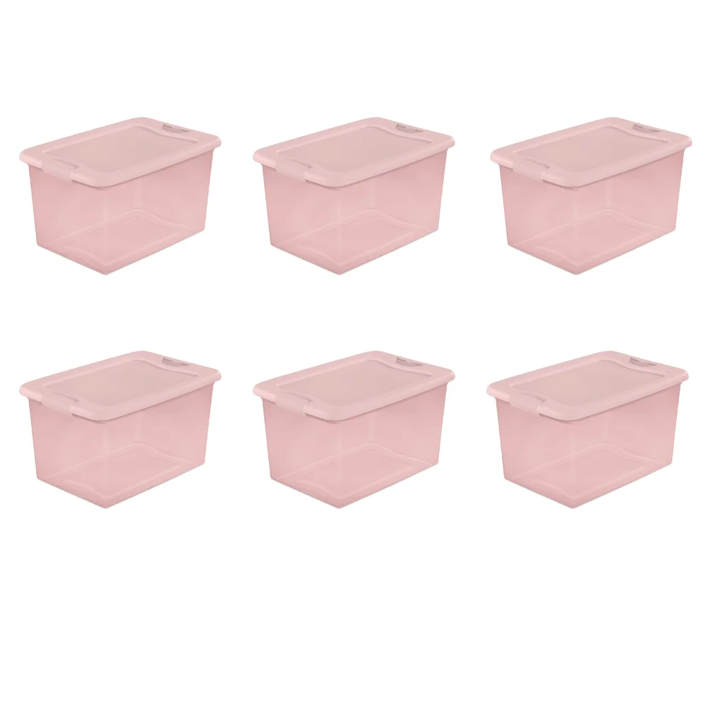 

64 Qt. Latching Box Plastic, Blush Pink Tint, Set of 6 Storage Bin Storage Basket