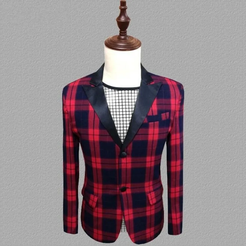 Description Picture 2 of itemMen's Chain Red Suit Singer Stage Costumes Bar Nightclub Host Blazer Jackets Male Disco Festival Carnaval Party Prom Clothes