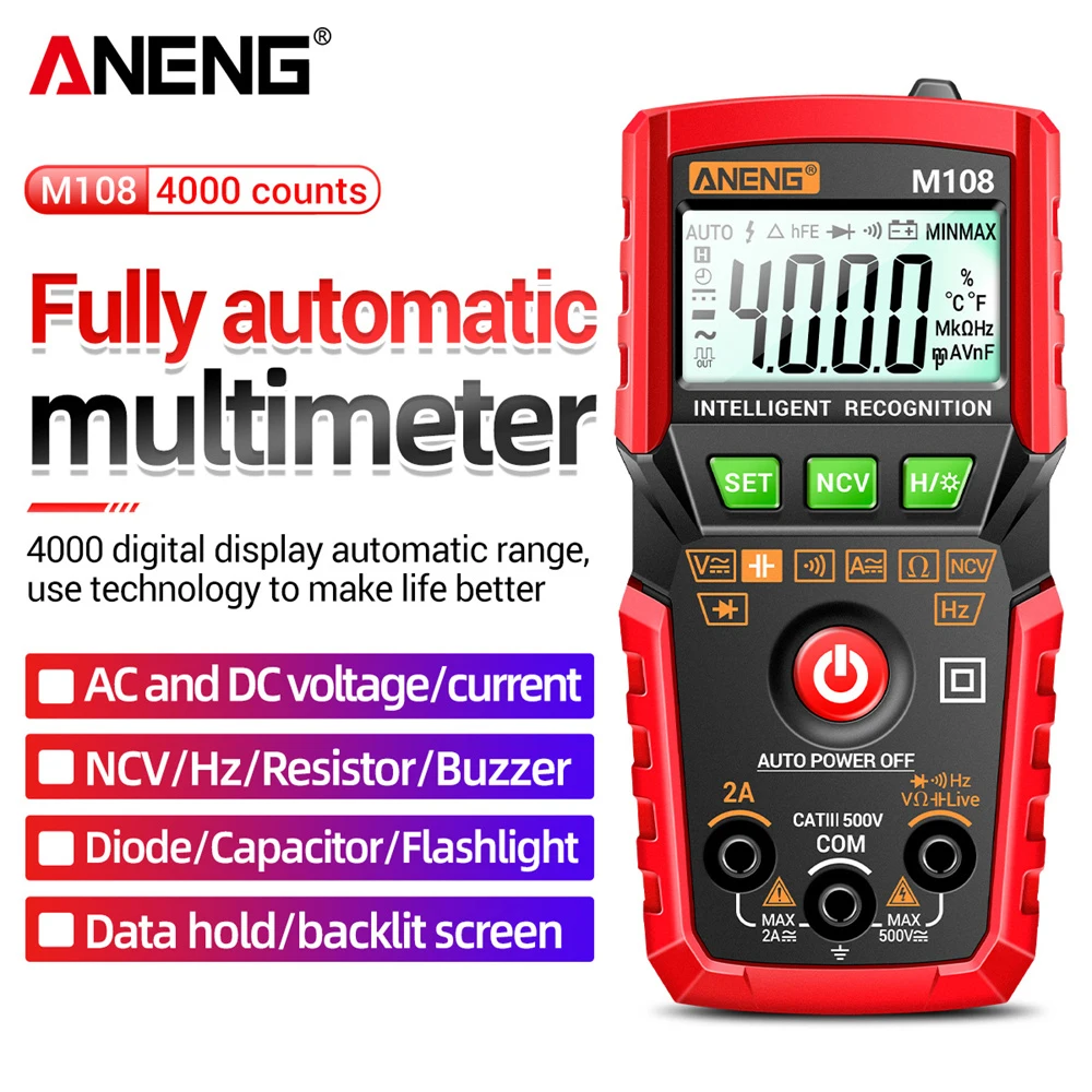 ANENG M108 Digital Mini Multimeter Tester Auto True RMS Transistor Meter With NCV Data Hold 4000 Counts Flashlight Red/Black
ANENG M108 Digital Mini Multimeter Tester Auto True RMS Transistor Meter With NCV Data Hold 4000 Counts Flashlight Red/Black