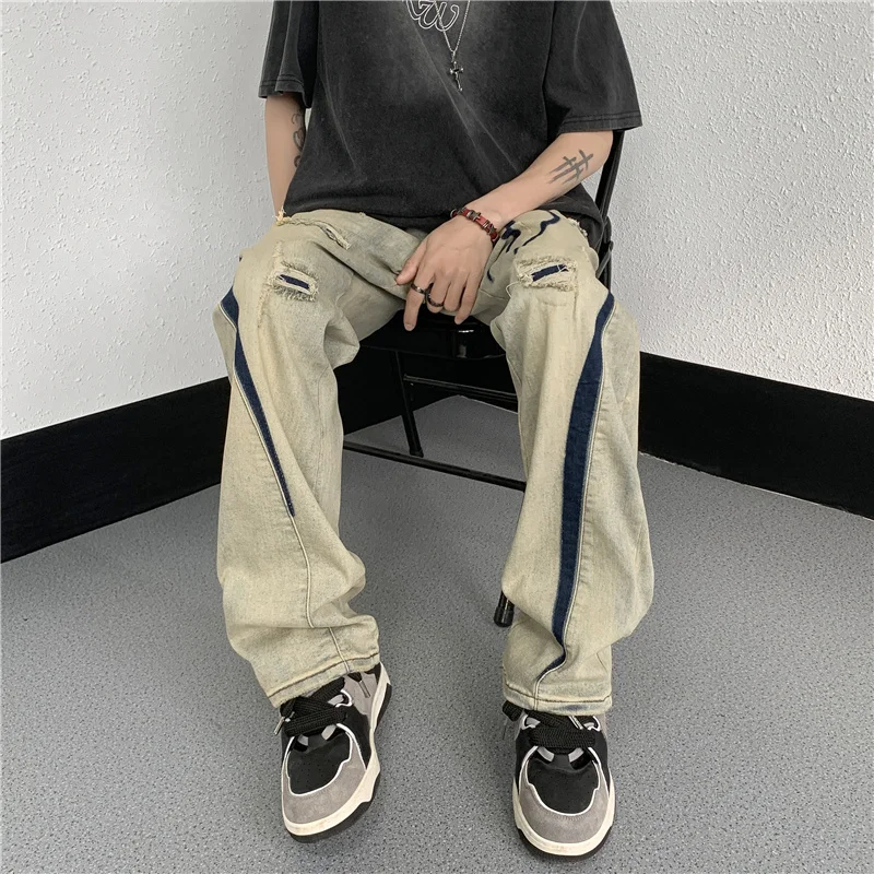 

2023 New Retro Distressed Ripped Hole Jeans Mens High Waist Baggy Wide Leg Denim Pants Streetwear INS Literary Casual Trousers