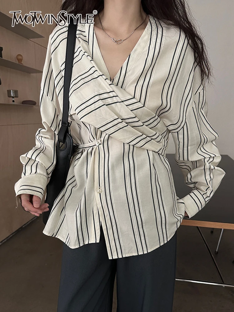 

TWOTWINSTYLE Hit Color Striped Blouses For Women V Neck Long Sleeve Tunic Patchwork Folds Casual Temperament Shirt Female 2023