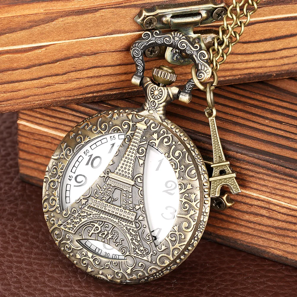 

Openwork Eiffel Tower Pattern Retro Pendant Necklace Clock Bronze Quartz Pocket Watch with Accessory White Arabic Numerals Dial