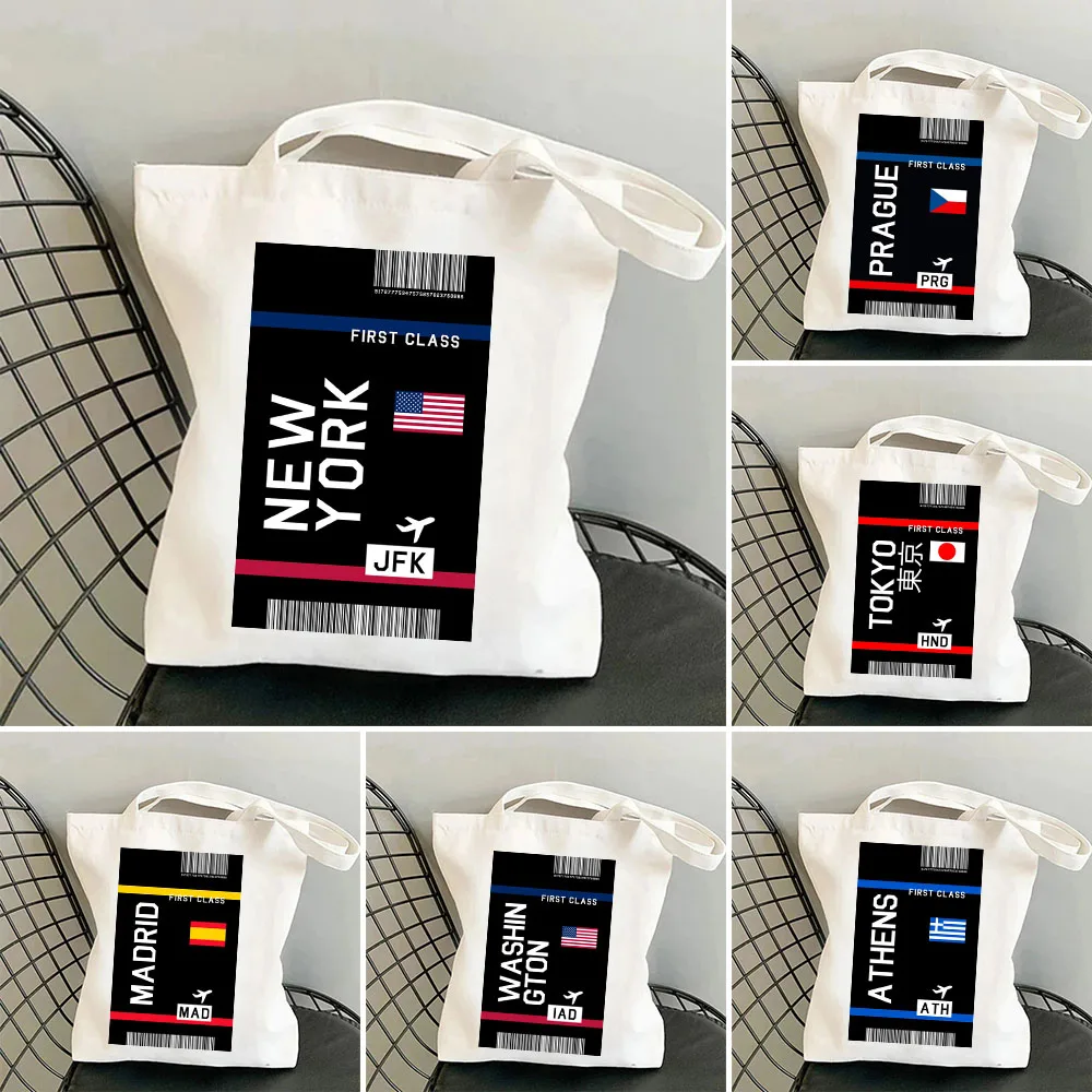 

Paris London New York Tokyo Miami Flight Ticket Cute Women Canvas Shoulder Handbag Tote Eco Reusable Cotton Cartoon Shopping Bag