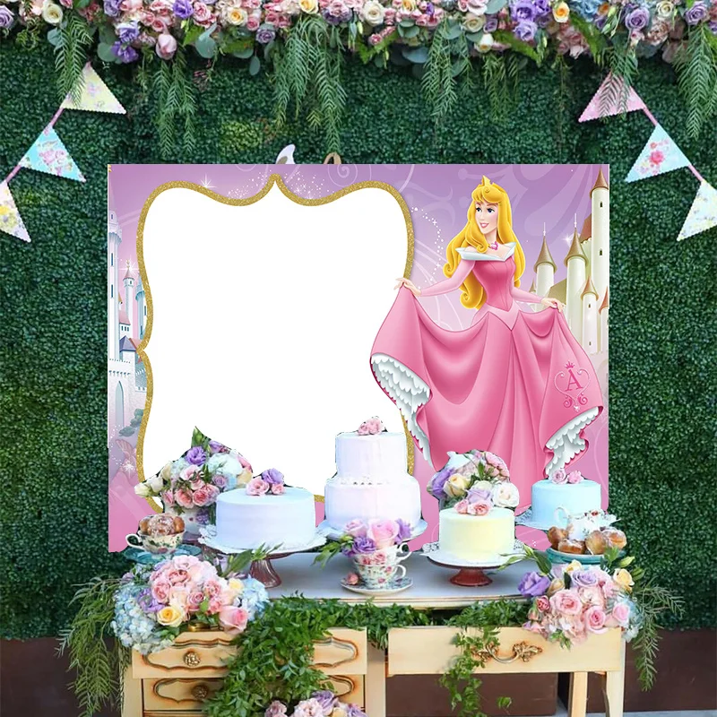 

Disney Dreamy Castle Glitter Backdrop Sleeping Beauty Aurora Cartoon Pink Dress Princess Happy Birthday Party Background Banner