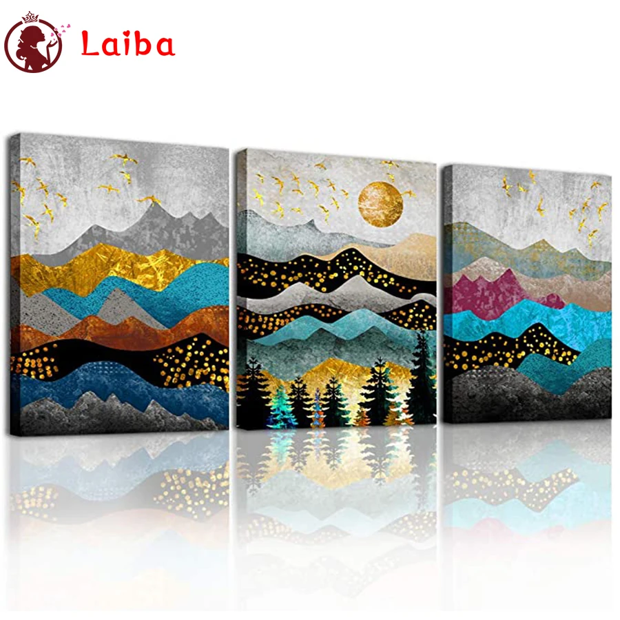 

DIY Diamond Painting abstract colorful golden mountains flying birds Full Square Diamond Cross Stitch Mosaic Handmade Giftx3pcs