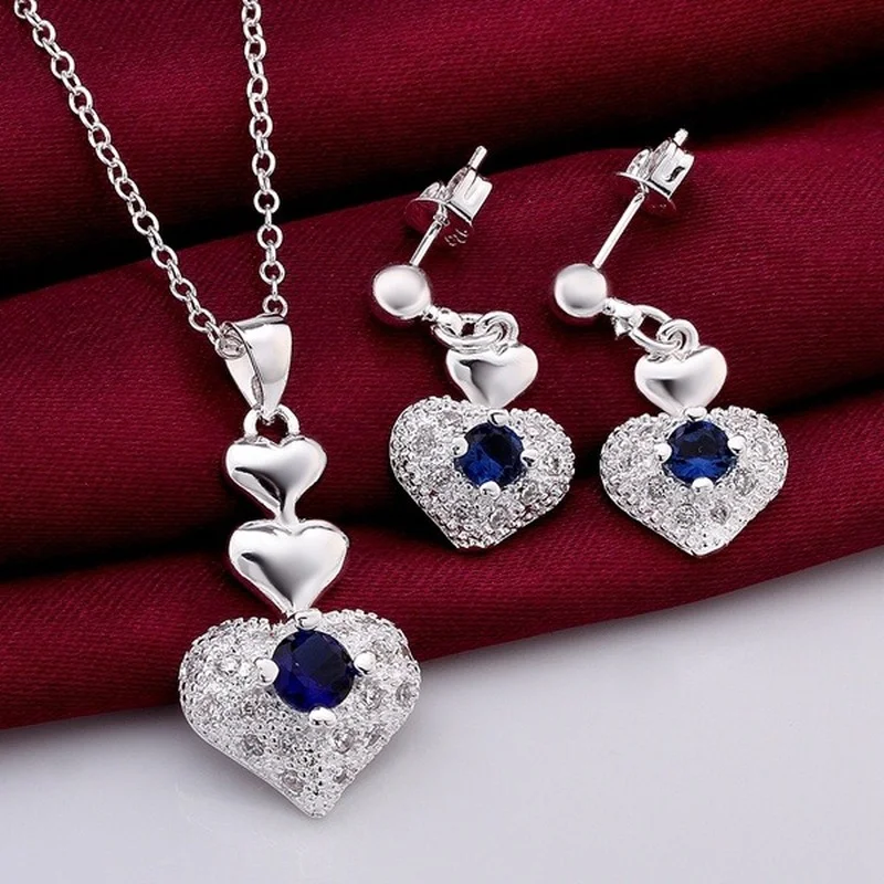 Cute pure 925 silver wedding jewelry romantic blue zircon crystal heart pendant necklace Earrings fashion set
Cute pure 925 silver wedding jewelry romantic blue zircon crystal heart pendant necklace Earrings fashion set