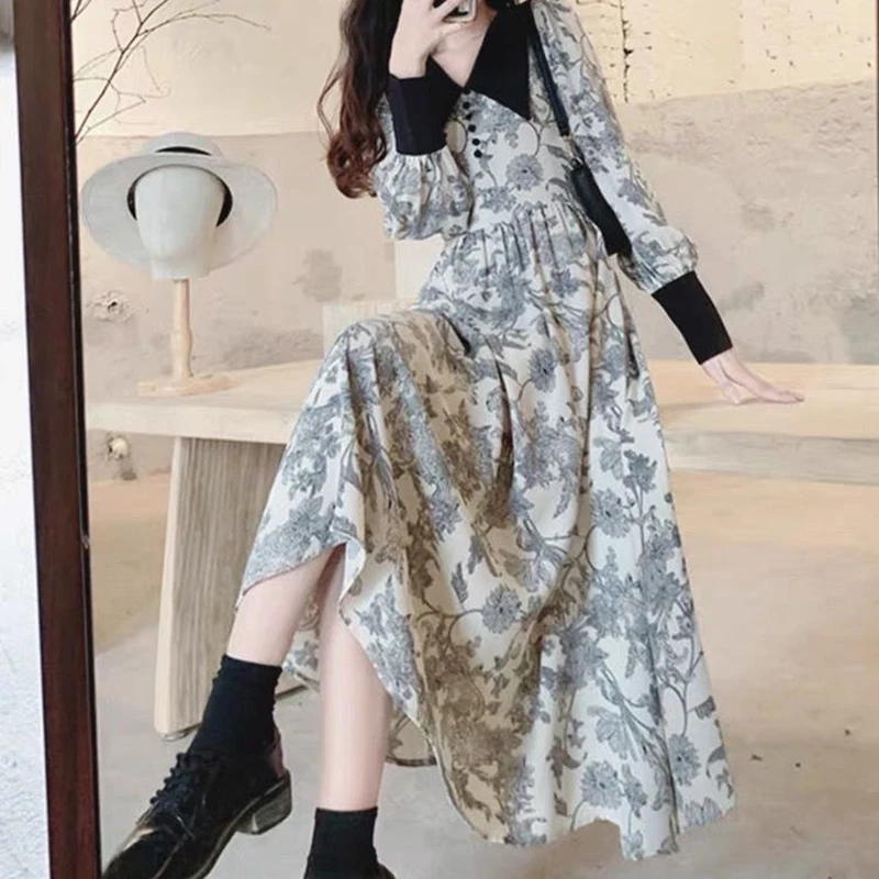 

French Dresses Court Style Vintage 2022 Spring New Women Floral Long Skirt Fashion Spliced Elegant Causal Dating Carnival Outfit