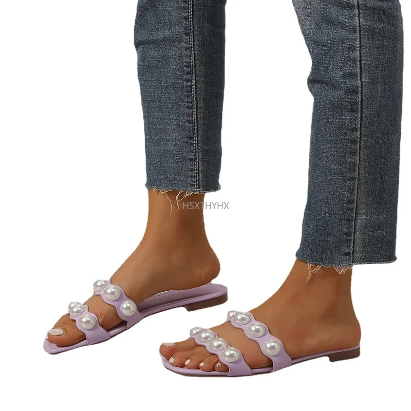 

Европейские и американские летние новые женские туфли, белые Тапочки большого размера с квадратной вставкой из бисера и с плоской подошвой
