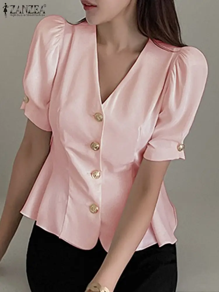 Women Summer Tops ZANZEA Elegant OL Peplum Shirt V-neck Short Puff Sleeve Waisted Blouses Korean Fashion Button Up Party Chemise 
Women Summer Tops ZANZEA Elegant OL Peplum Shirt V-neck Short Puff Sleeve Waisted Blouses Korean Fashion Button Up Party Chemise