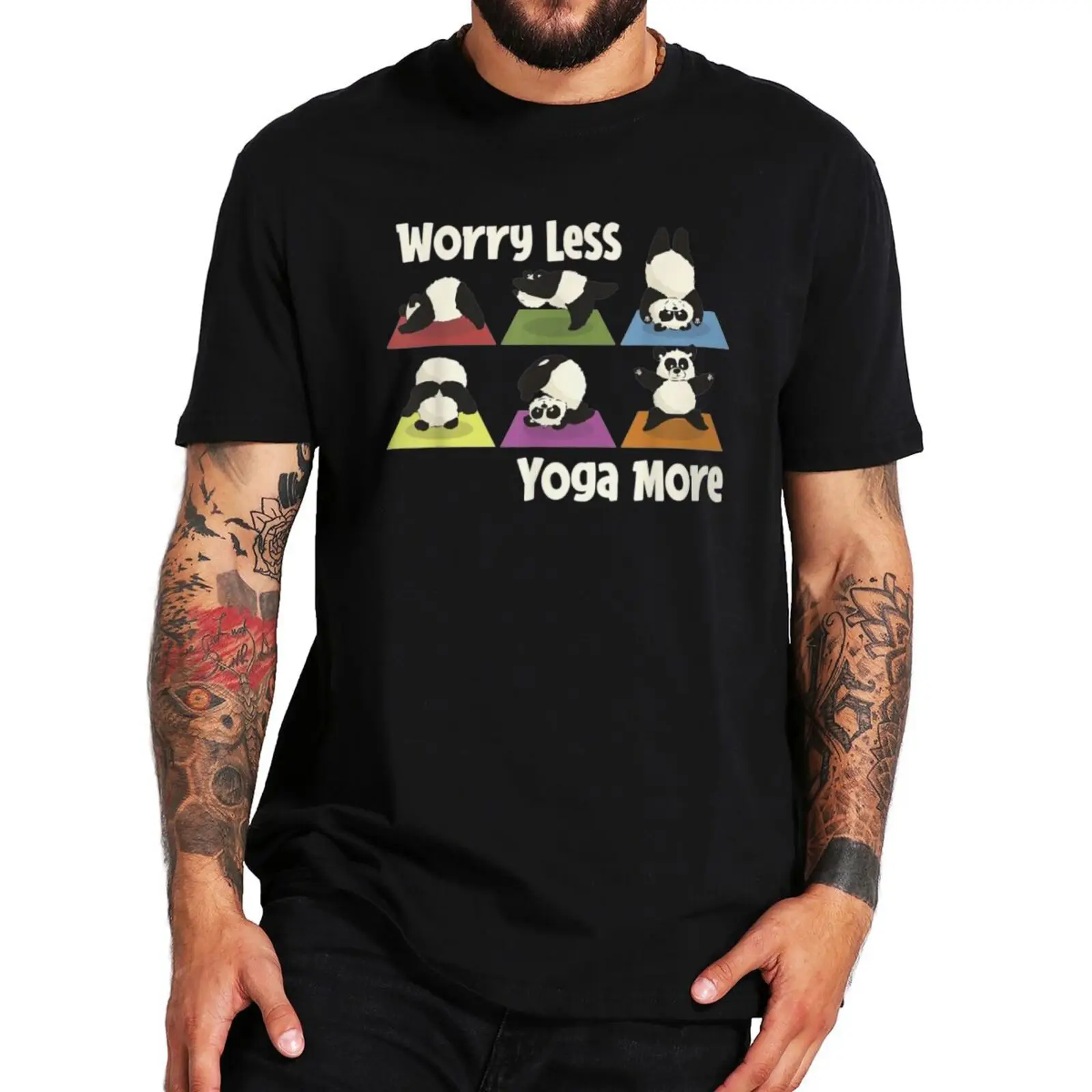 

Panda Worry Less Yoga More T-shirt Retro Funny Yoga Balance Greetings Short Sleeve Summer Casual 100% Cotton Unisex T Shirt