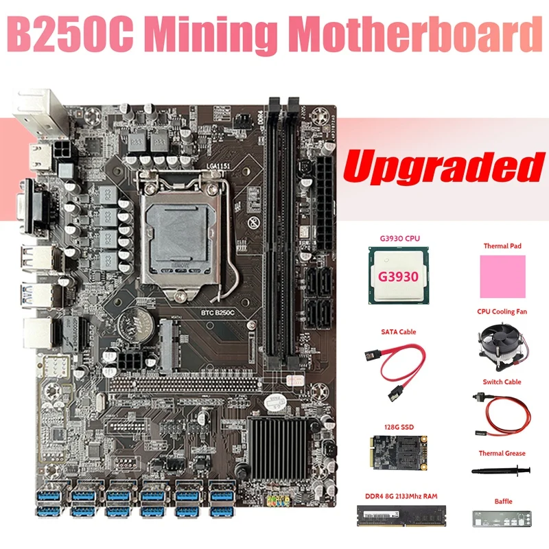 B250C 12USB ETH Miner Motherboard+G3930 CPU+128G SSD+DDR4 8GB RAM+Fan+SATA Cable+Switch Cable+Thermal Grease+Baffle
B250C 12USB ETH Miner Motherboard+G3930 CPU+128G SSD+DDR4 8GB RAM+Fan+SATA Cable+Switch Cable+Thermal Grease+Baffle