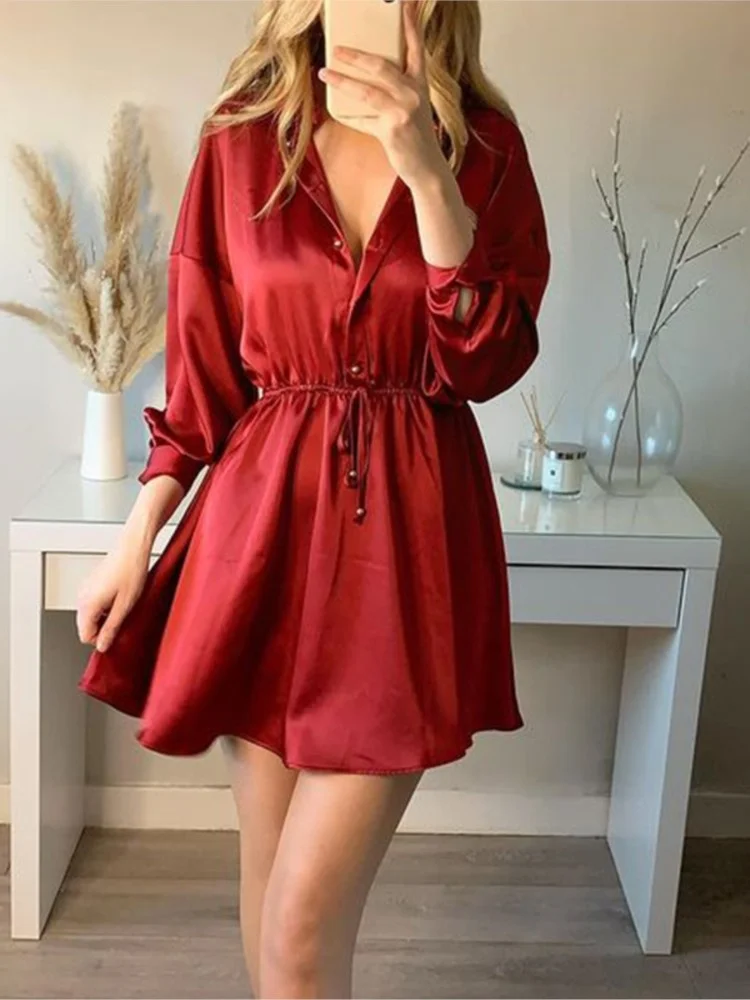 Women Vintage Red Silk Satin With Tied Turn Down Collar Mini Dress Female Fashion Causual Long Sleeve Club Party Night Dresses
Women Vintage Red Silk Satin With Tied Turn Down Collar Mini Dress Female Fashion Causual Long Sleeve Club Party Night Dresses